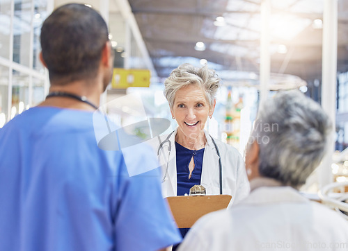 Image of Clipboard, doctors and nurses for team advice, support and schedule management, hospital questions and talking. Happy mentor, medical staff and people or woman with checklist for clinic compliance