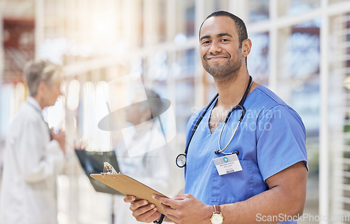 Image of Portrait, clipboard and doctor for healthcare service, leadership and schedule management in hospital lobby. Professional medical worker, person or nurse with clinic checklist, document or compliance