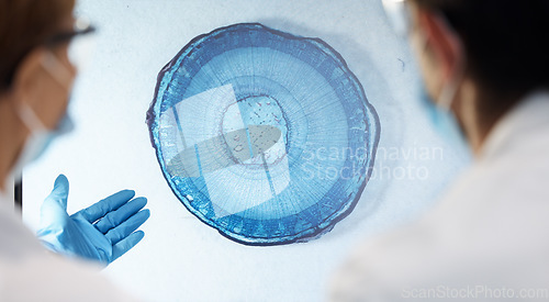 Image of Bacteria, particles and closeup in lab for science with teamwork, discussion or analysis for healthcare. Scientist people, virus molecule or study for medical research, innovation and microscope view