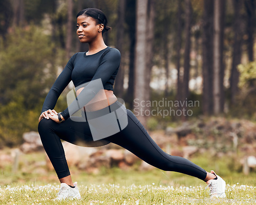 Image of Stretching, workout and black woman do lunge in nature for exercise, training and sports in forest. Mockup, mountain and happy female person stretch legs for warm up, fitness and wellness for running