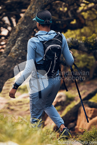 Image of Hiking, travel and back of woman with stick for outdoor fitness, path and gear. Freedom, adventure or female hiker walking with trekking pole for exercise, health or balance in nature, trail and hill