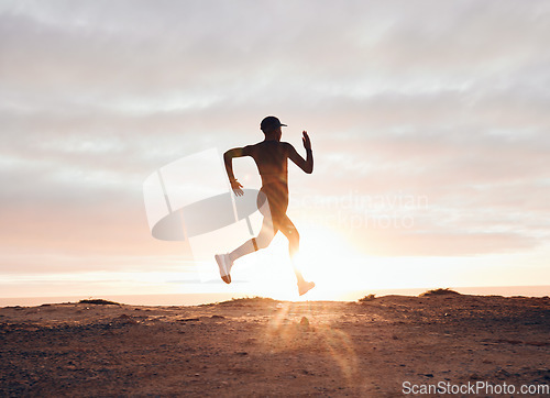 Image of Sunset, running and silhouette with woman in nature for health, workout and fitness challenge. Performance, sports and exercise with runner training in outdoor for speed, marathon and wellness mockup