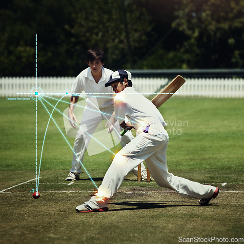 Image of Boy, cricket or body injury on sports field with glowing, red and ai generated effect from batting action. Kid, child or batting athlete with stress, graph hologram or muscle pain from wicket mistake