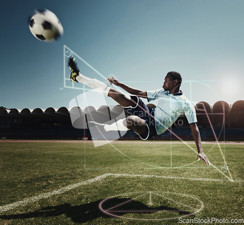 Image of Jumping man, soccer and graph on sports field with glowing, hologram and ai generated effect for kicking action. African athlete, kick and football player with ball, chart and graphic analysis