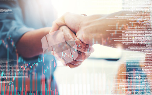 Image of Business, handshake and collaboration on statistics double exposure. Shaking hands, deal and people with agreement on overlay with graph data for b2b acquisition, partnership and stock market trading