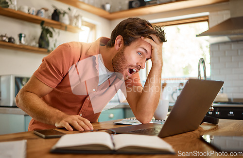 Image of Surprise, laptop and business man in kitchen for freelancer, remote work and confused. Stress, glitch and crisis with shocked male person at home for notification, technology and networking problem