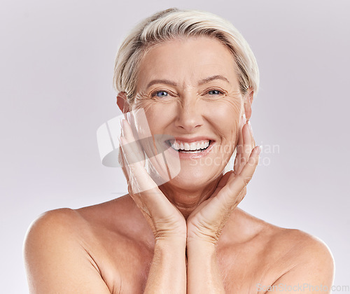 Image of Face portrait, senior or happy woman with skincare, beauty or wellness in studio isolated on white background. Dermatology, smile or mature lady with clean facial self care, cosmetics or natural glow