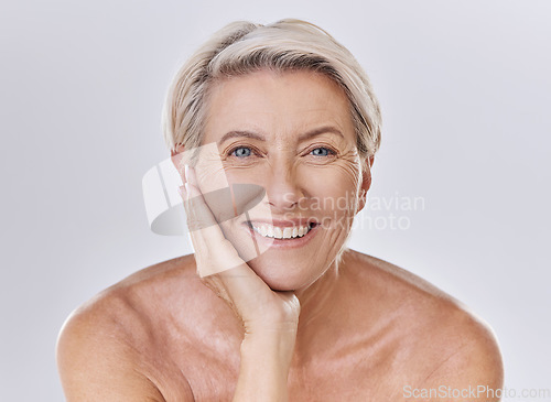 Image of Face, beauty with happy woman and senior, skincare and wellness isolated on white background. Studio, smile and natural cosmetics, female model in portrait with skin glow and antiaging dermatology