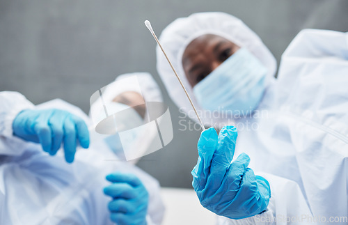Image of Science, csi and evidence with people during a medical investigation closeup from below as a team. Collaboration, analysis and forensic with professional samples at a crime scene to collect a sample