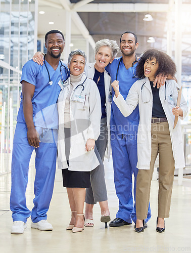 Image of Winning, team portrait and doctors or nurses in healthcare service, leadership and teamwork with hospital diversity. Professional medical people, mentor and internship group, success and clinic goals