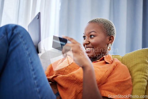 Image of Credit card, excited or black woman with tablet for payment on ecommerce website for investment at home. Happy, financial or African girl customer online shopping with money on internet or fintech