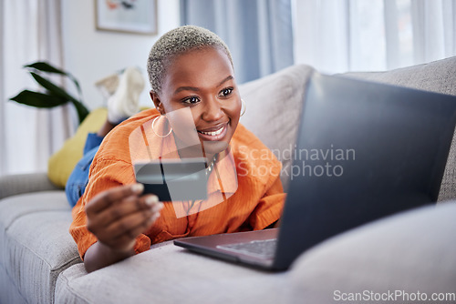Image of Laptop, relax or black woman online shopping with credit card for digital product with discount code. Smile, promo or happy girl with financial payment to buy on sale on fintech application at home