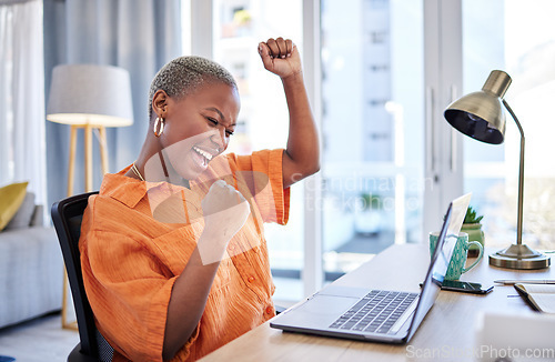 Image of Businesswoman, laptop or winner with fist pump for winning, success or promotion bonus in home office. Happy black woman trader trading or cheering with prize, goal target or good news in remote work