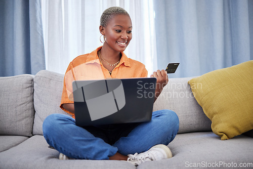 Image of Laptop, ecommerce or happy black woman with credit card for digital product with discount code. Deal, promo sale or excited girl with financial payment online shopping on fintech application at home