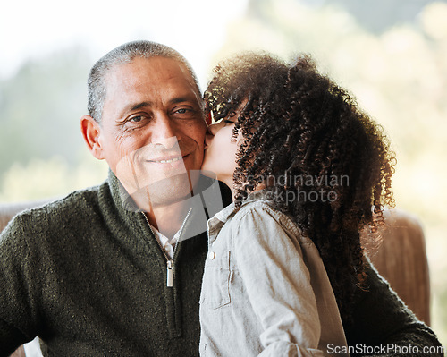 Image of Grandfather, kid and kiss cheek in home living room, smile or portrait for love, care and bonding. Senior man, young child and happy with quality time, retirement and relax with hug in family house