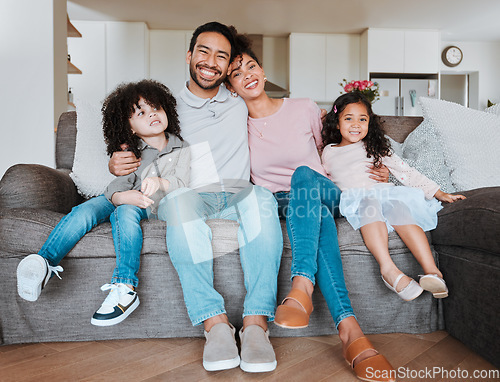 Image of Portrait of mother, father and kids on sofa together, happy family bonding in living room with love and support. Smile, happiness and parents relax with kids on couch, spending quality time in home.