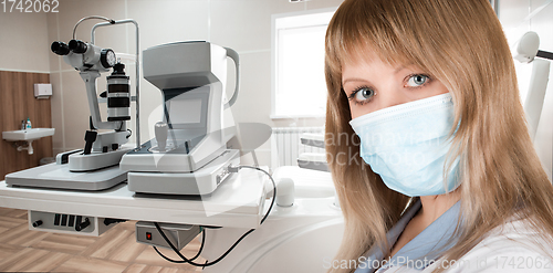 Image of Female ophthalmologist in protective mask