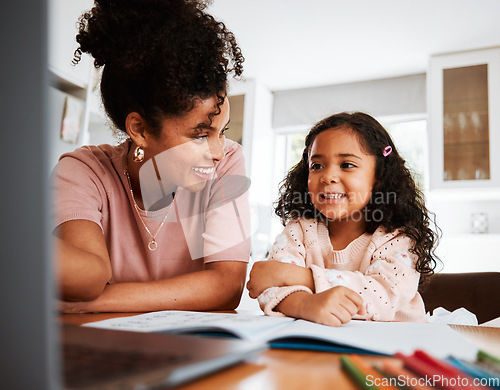 Image of Laptop, education and homework with mother and daughter for online classes, elearning or virtual. Digital, school and website with woman and young girl in family home for studying, technology or help