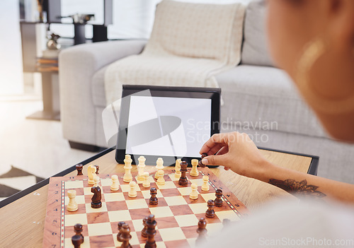 Image of Video call, chess and woman with tablet, mockup and screen in gaming connection in living room. Thinking, internet and chessboard, virtual strategy board game and African girl problem solving in home