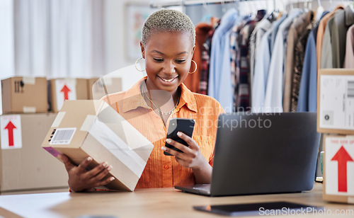 Image of Black woman, phone and logistics of fashion designer for communication, sale or order at boutique store. Happy African female person or small business owner on smartphone for clothing payment at shop