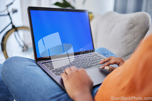 Image of Woman, hands and laptop with mockup screen for communication, research or advertising at home. Hand of female person on computer display or chromakey for online browsing on living room sofa in house