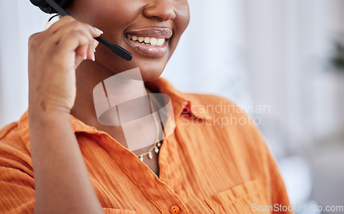 Image of Woman, mic and smile in call center for customer service, telemarketing or working remote at home. Happy female person or consultant agent talking or consulting on headphones in online advice or help