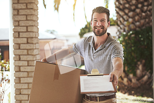 Image of Delivery man, package and documents for home courier, product supplier and contract signature or happy services. Portrait of logistics worker offer, giving paper and clipboard or checklist with box