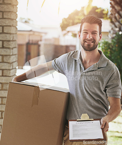 Image of Delivery man, box and documents at front door for home courier, contract signature or transport services. Portrait of logistics worker and package for e commerce, checklist or clipboard for agreement