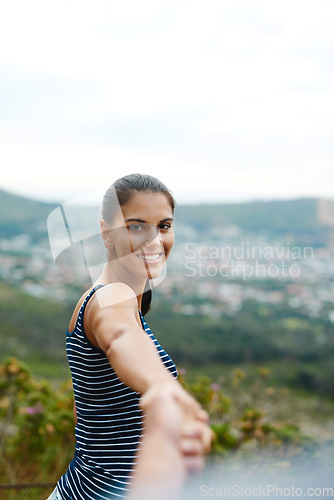 Image of Couple pov, portrait or holding hands in nature on outdoor date for love with support or loyalty. Mockup space, affection or happy woman on holiday vacation in park together to relax or travel in USA