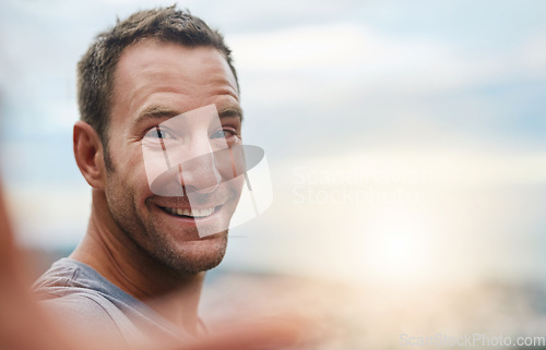 Image of Portrait, smile or happy man in an outdoor selfie with confidence or freedom on holiday vacation. Face, sunrise space or person hiking in summer to travel or taking photograph or picture for memory