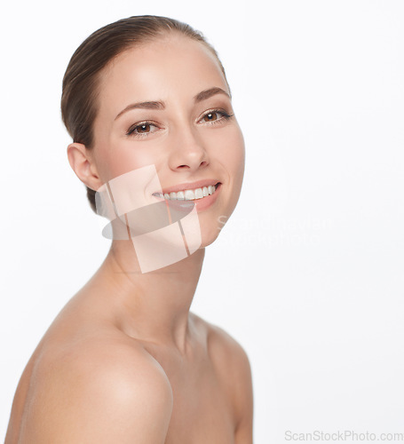 Image of Woman, portrait and skincare in studio for beauty cosmetic, smooth skin or glow smile. Female person model, natural happy and facial cleaning wellness results, shine for hydration on white background