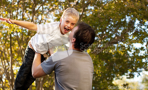 Image of Father, child and backyard with airplane game, happy bonding and fun morning playing for dad and son. Outdoor fun, love and playful energy, man holding boy in air and laughing in garden together.