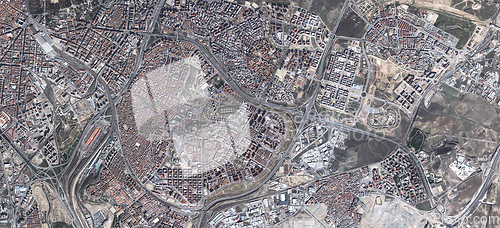 Image of Aerial, state map and satellite view of landscape, nature and city outdoor with town pattern. Land, urban and above with houses, neighborhood and roads with commercial development from top terrain