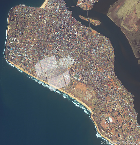Image of Sea, buildings and top view of earth map with nature, water and residential landscapes. Globe, land and aerial of ocean with field and houses from aerospace satellite for environment development.