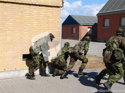 Image of Army, soldiers and team in battle on battlefield, service or training for fitness, exercise or challenge outdoor. Military, people or mission with support for partner, bootcamp or survival at war.