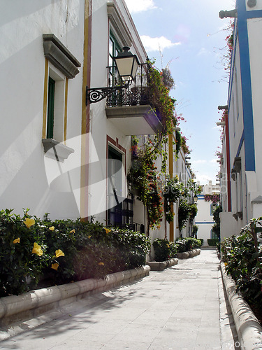 Image of Street, buildings and houses in the city for vacation, adventure or travel in Greece. Summer, flowers and homes in the road with a path for walking, village alley or architecture in a local town
