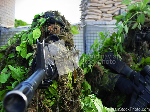 Image of Sniper gun, camouflage and person aim, target or focus shooting at soldier, tactical mission training or Ukraine War. Battlefield, rifle gear and army shooter, warrior and scope military battle