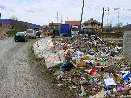 Image of War, ruins and damage, street with trash, rubble and disaster in politics, culture and social crisis. History of conflict, village road and demolition of buildings, government and community in Europe