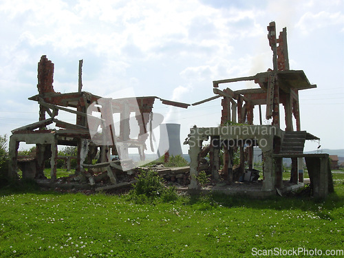 Image of House, ruins and outdoor with building on land in war, destruction or bomb on countryside property. Warzone, damage or frame of broken home and growth on rubble in rural, nature or farm in woods