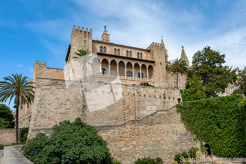 Image of Gothic medieval Royal Palace of La Almudaina. Palma de Mallorca. Balearic Islands Spain.