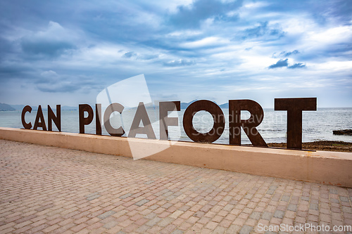 Image of Signpost on promenade. Can Picafort Beach. Balearic Islands Mallorca Spain.