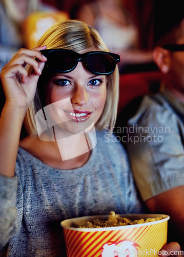 Image of Cinema, 3d glasses or portrait of happy woman with popcorn, watching film or eating in audience or performance. Movie, night and face in theater with snacks, eyewear and smile in auditorium to relax