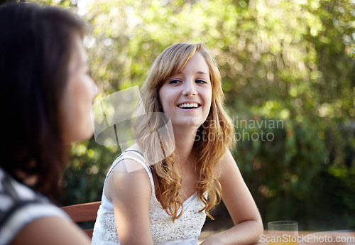 Image of Happy, woman and friends outdoor in backyard with conversation and communication at home. Summer, laughing and funny joke with young people smile together in a garden with talking ready for bbq