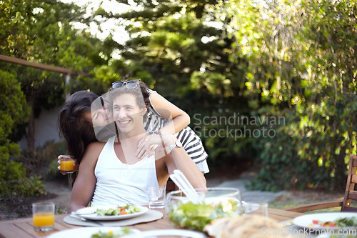 Image of Happy, couple and hug with food outdoor in backyard for bbq with love, care and support at home. Meal, woman and smile in garden with laughing and young people together with glass and date in summer