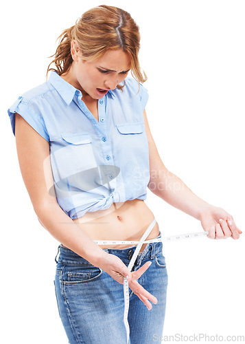 Image of Health, shock and woman with measuring tape on waist, healthy diet and wellness for body care. Figure, nutrition and flat stomach, girl tracking weight loss progress isolated on white background.