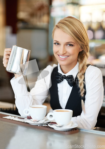 Image of Coffee, barista and portrait of woman waitress in elegant restaurant, event or dinner. Happy, smile and young female butler from Australia making a latte or cappuccino at luxury party or celebration.