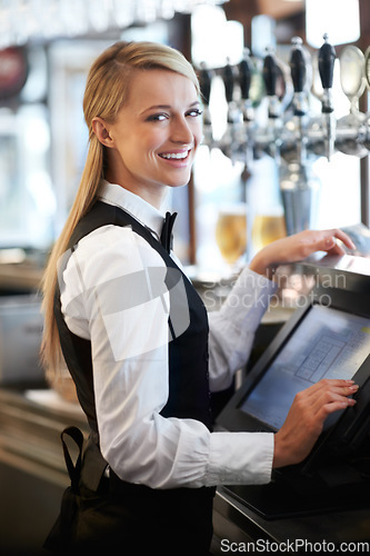 Image of Cashier, barista and portrait of woman waiteress in cafe checking for payment receipt. Hospitality, server and young female butler preparing a slip at the till by a bar in coffee shop or restaurant.