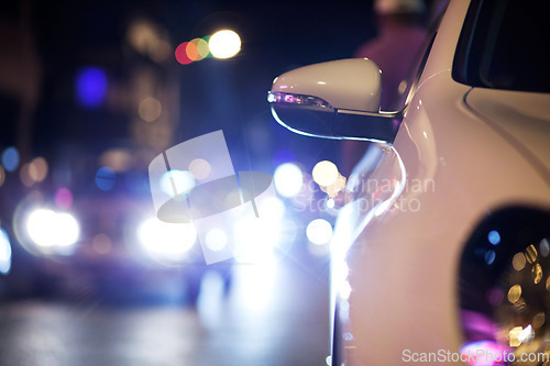 Image of Car, traffic and road at night with bokeh for transportation, asphalt and lights in an urban town. City street, taxi and travel or driving in glow for journey, commute or moving on the highway