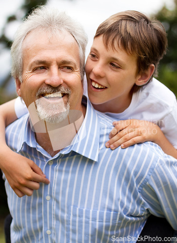 Image of Happy grandfather, child and piggyback outdoor for fun, fathers day and bonding with love, care and smile. Senior man, grandparent and carrying boy kid at park for freedom, play and relax with family