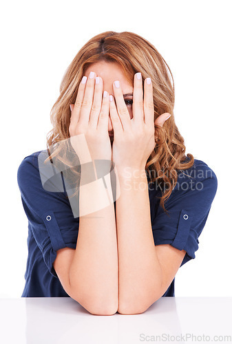 Image of Peeking, woman and eyes in studio for secret, surprise or hiding face on white background on mock up space. Person, girl and hands closing, hide or cover eye for surprised, shocked or scared emoji